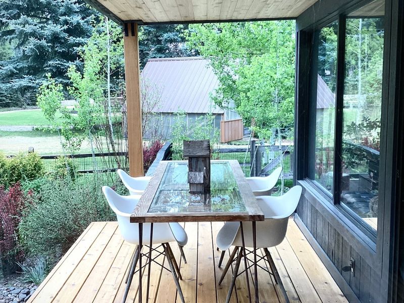 Detail of finished deck railing and decking boards