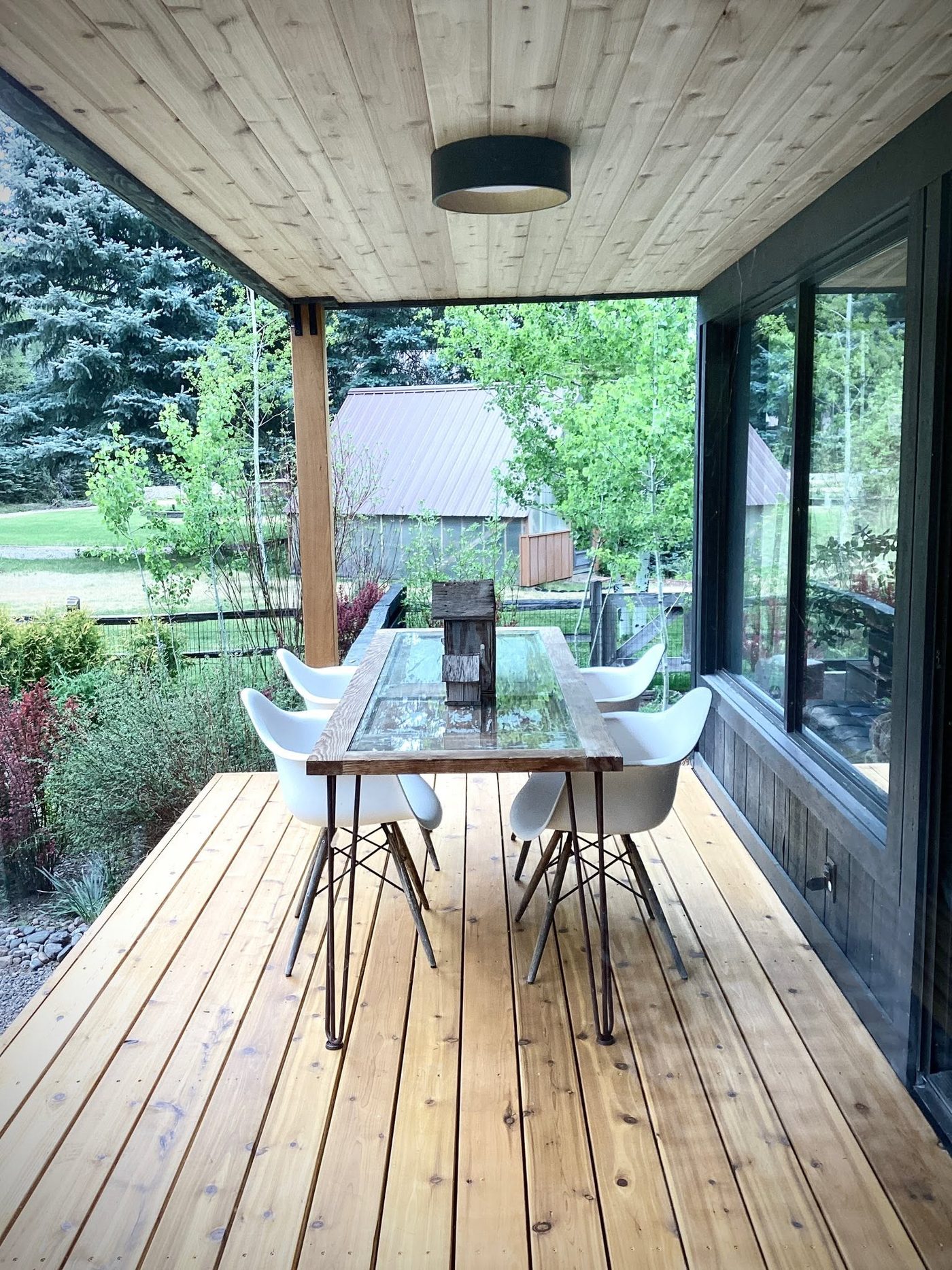 Detail of finished deck railing and decking boards